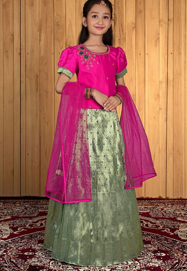 Gray Banarasi Kids Lehenga Style With Rani Net Dupatta