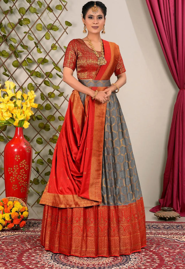 Gray Banarasi Silk Lehenga Choli With Dupatta For Women