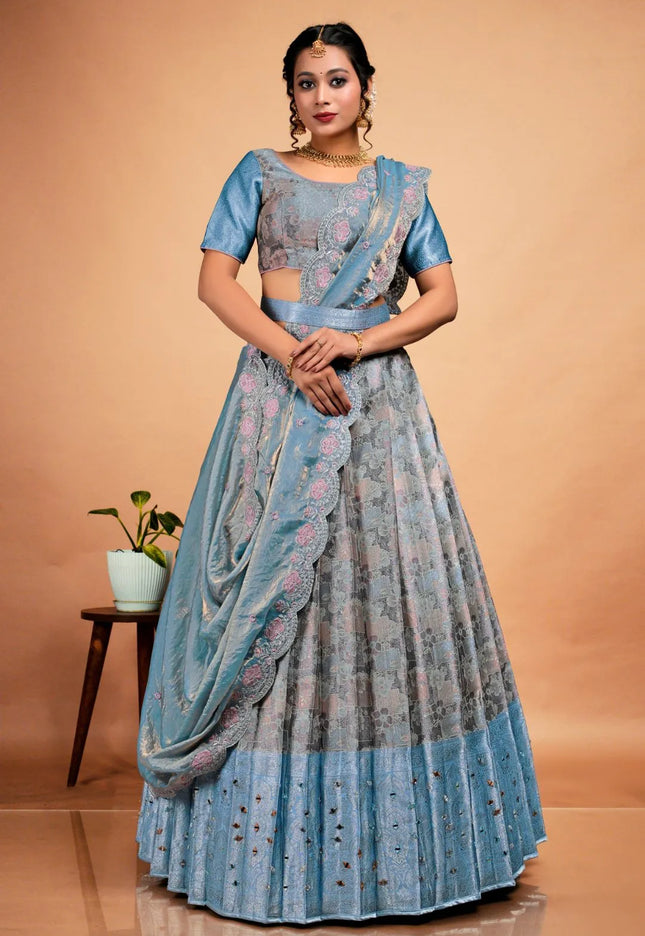 Gray Banarasi Silk Semi-Stitched Lehenga Choli For Women