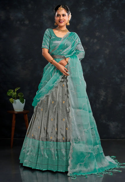 Gray Banarasi Zari Work Designer Half Saree For Women