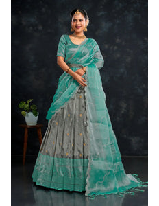 Gray Banarasi Zari Work Designer Half Saree For Women
