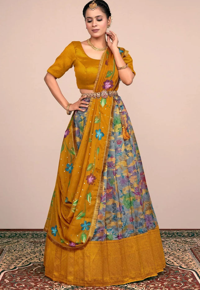 Gray Banglori Slub Digital Print Lehenga Choli For Women