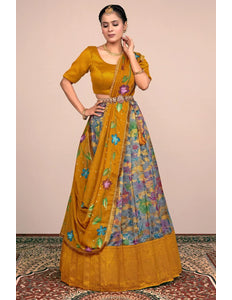 Gray Banglori Slub Digital Print Lehenga Choli For Women