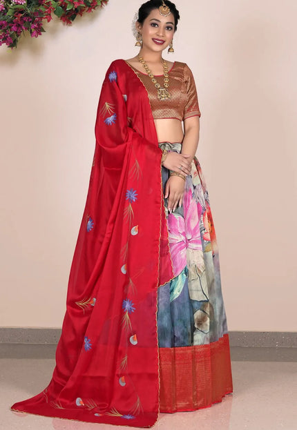 Gray Banglori Slub Digital Printed Lehenga Choli With Dupatta