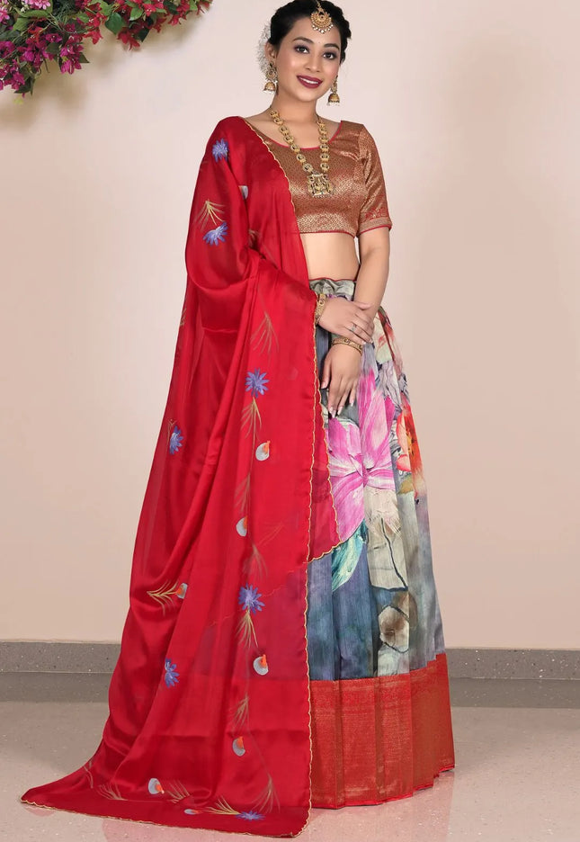 Gray Banglori Slub Digital Printed Lehenga Choli With Dupatta