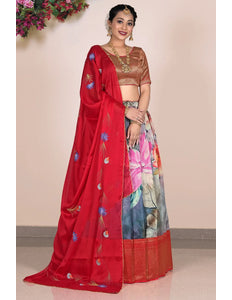 Gray Banglori Slub Digital Printed Lehenga Choli With Dupatta