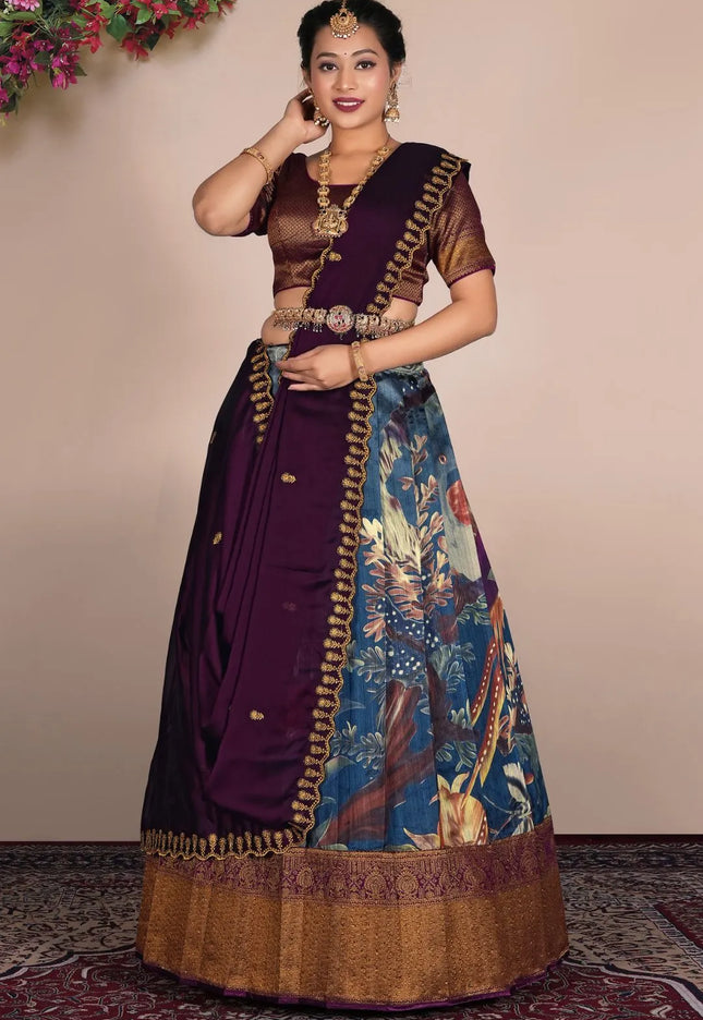 Gray Designer Banglori Slub Lehenga Choli With Digital Print