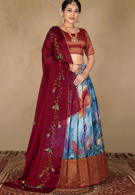 Gray Designer Banglori Slub Lehenga Choli With Digital Print