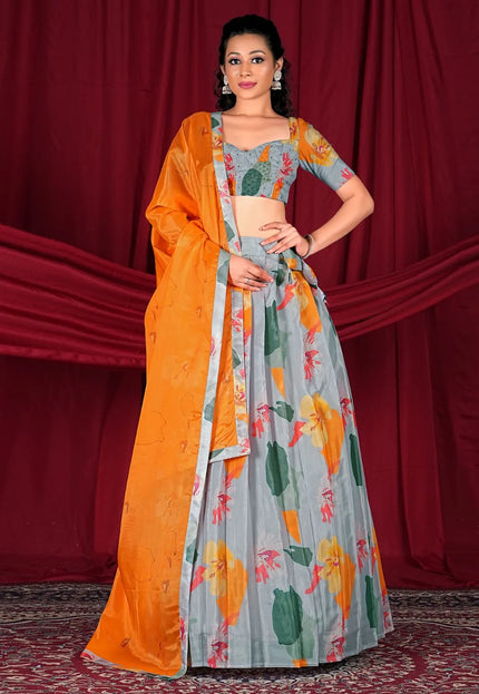 Gray Designer Organza Lehenga Choli For Women