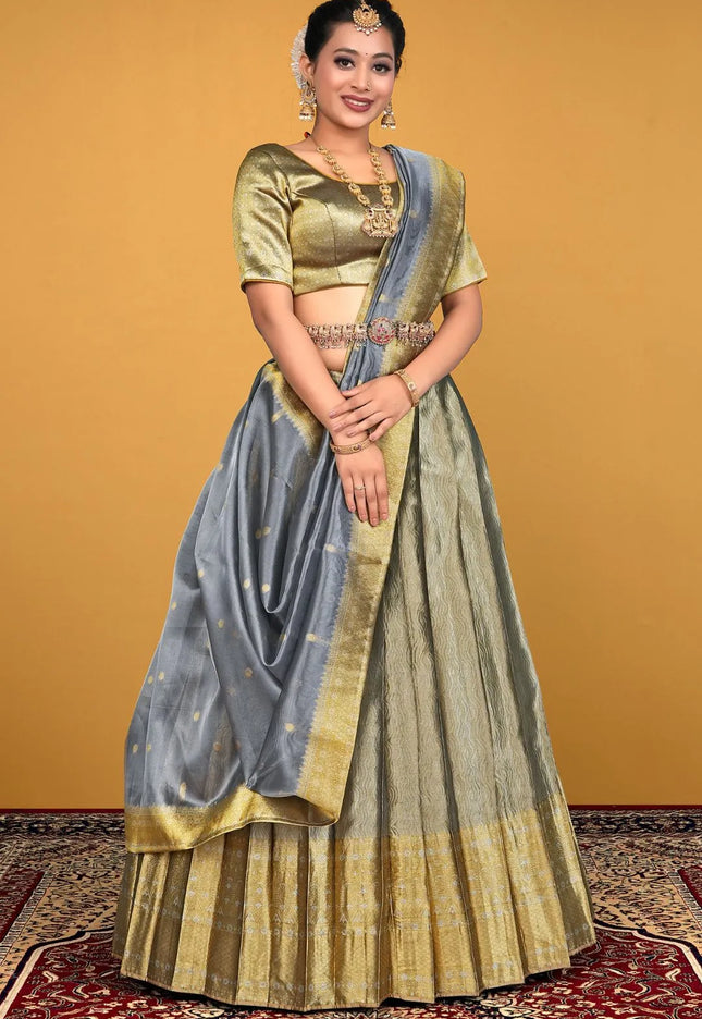 Gray Pure Zari Tissue Silk Lehenga Choli With Dupatta