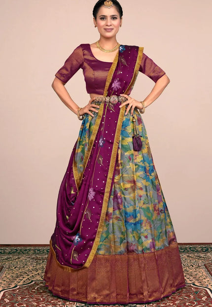 Gray Purple Banglori Slub Digital Print Lehenga Choli For Women