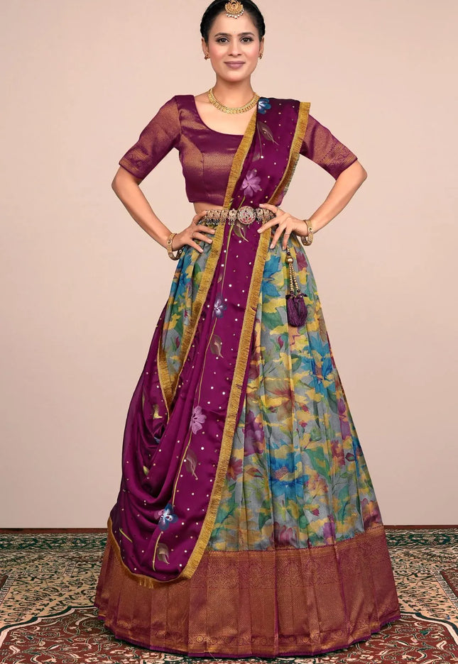 Gray Purple Banglori Slub Digital Print Lehenga Choli For Women