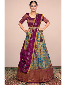Gray Purple Banglori Slub Digital Print Lehenga Choli For Women