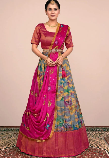 Gray Banglori Slub Digital Print Lehenga Choli For Women