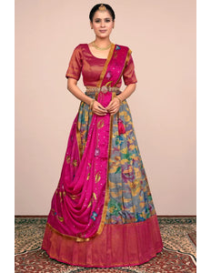 Gray Banglori Slub Digital Print Lehenga Choli For Women
