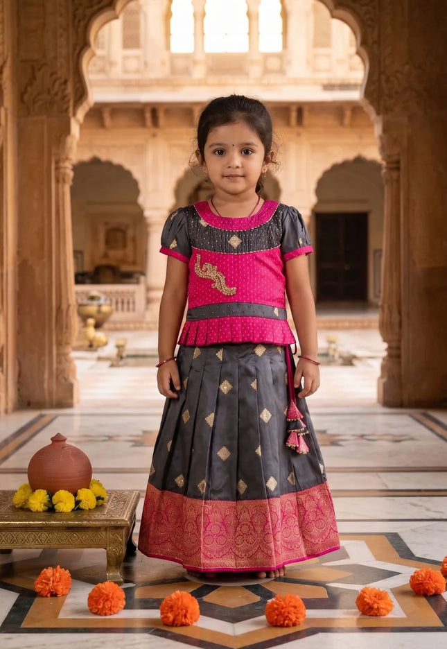 Gray Readymade Banarasi Pattu Pavadai For Kids