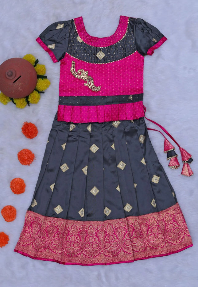 Gray Readymade Banarasi Pattu Pavadai For Kids