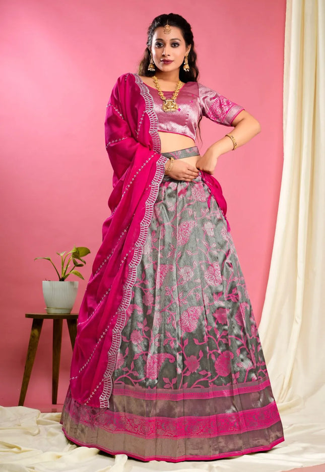 Gray Self Jacquard Lehenga Choli With Dupatta Set For Women