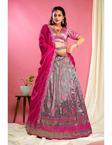 Gray Self Jacquard Lehenga Choli With Dupatta Set For Women