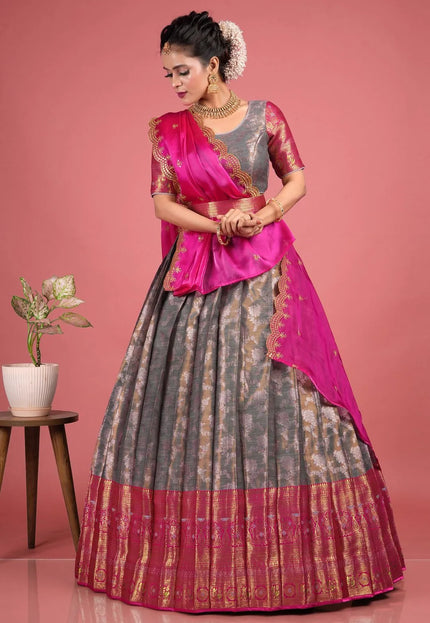 Gray Silk Zari Work Lehenga Choli With Dupatta For Women