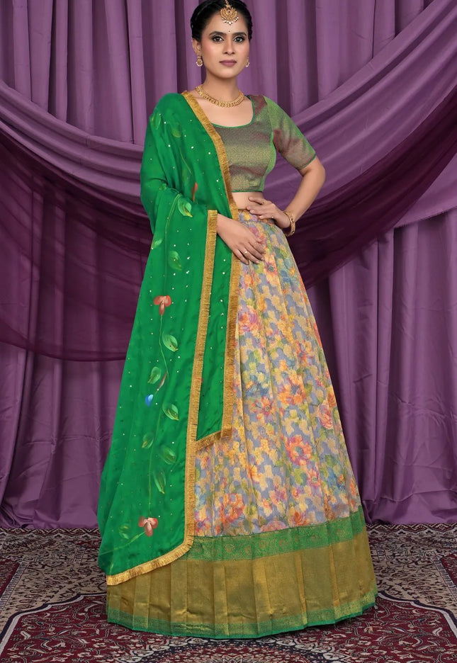 Gray Tissue Silk Digital Print Lehenga Choli For Women