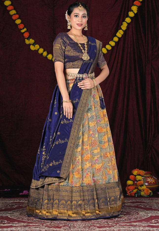 Gray Zari Net Digital Printed Lehenga Choli For Women