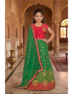 Green Art Silk Embroidered Crop Top Lehenga Choli For Kids