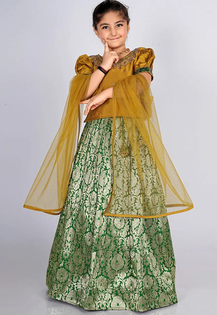 Green Banarasi Kids Lehenga Choli with Musterd Dupatta