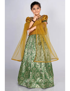 Green Banarasi Kids Lehenga Choli with Musterd Dupatta