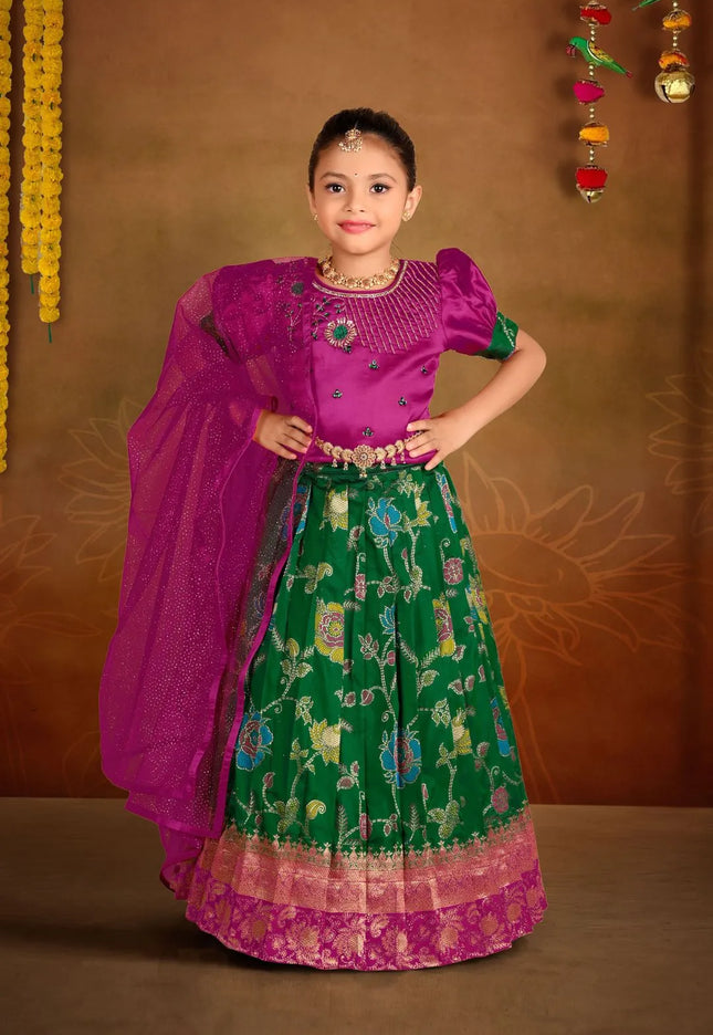 Green Banarasi Kids Lehenga Choli with Rani Dupatta For Girls