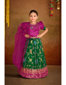 Green Banarasi Kids Lehenga Choli with Rani Dupatta For Girls