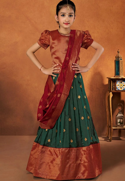 Green Banarasi Silk Kids Lehenga Choli with Banarasi Dupatta