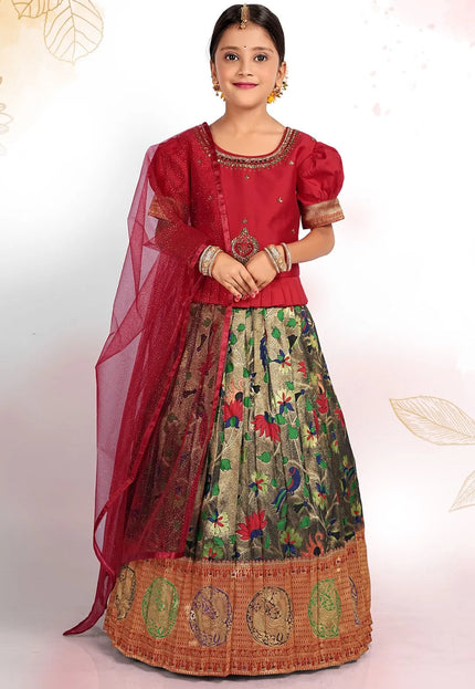 Green Banarasi Silk Kids Lehenga Choli with Red Dupatta