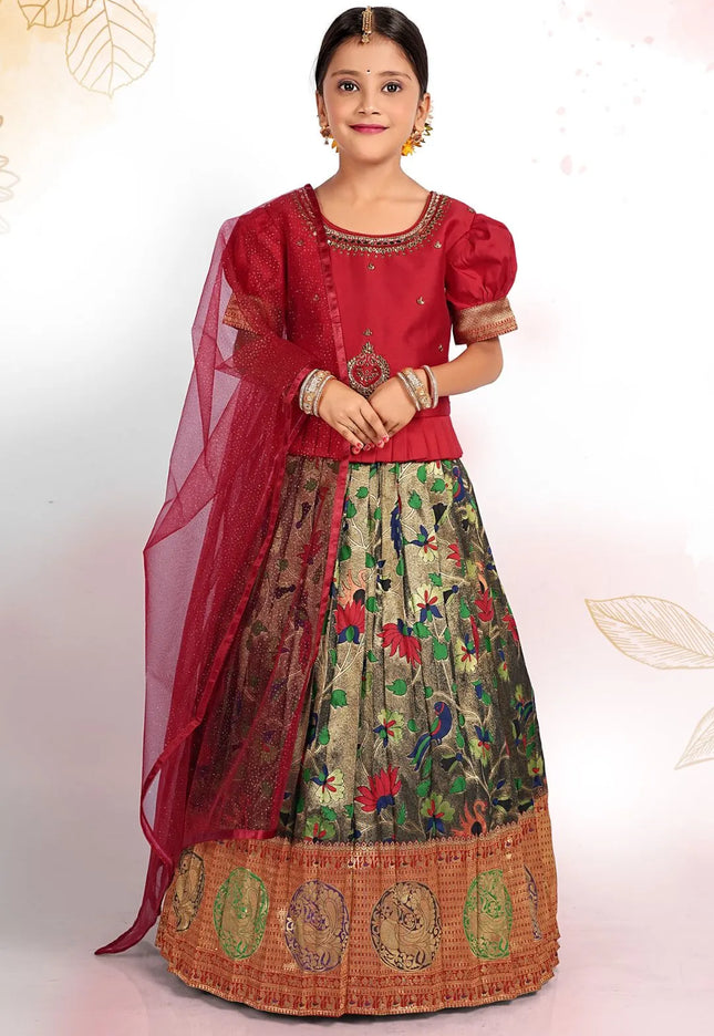 Green Banarasi Silk Kids Lehenga Choli with Red Dupatta