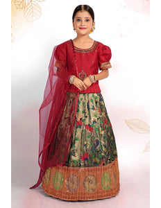 Green Banarasi Silk Kids Lehenga Choli with Red Dupatta