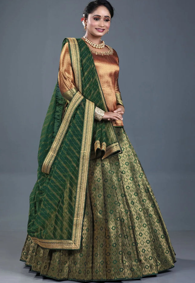 Green Banarasi Silk Lehenga Choli For Women With Net Dupatta