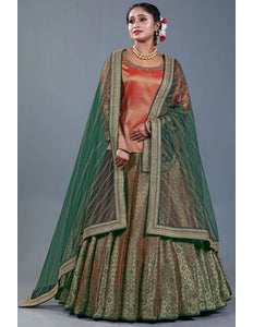 Green Banarasi Silk Lehenga Choli For Women With Net Dupatta