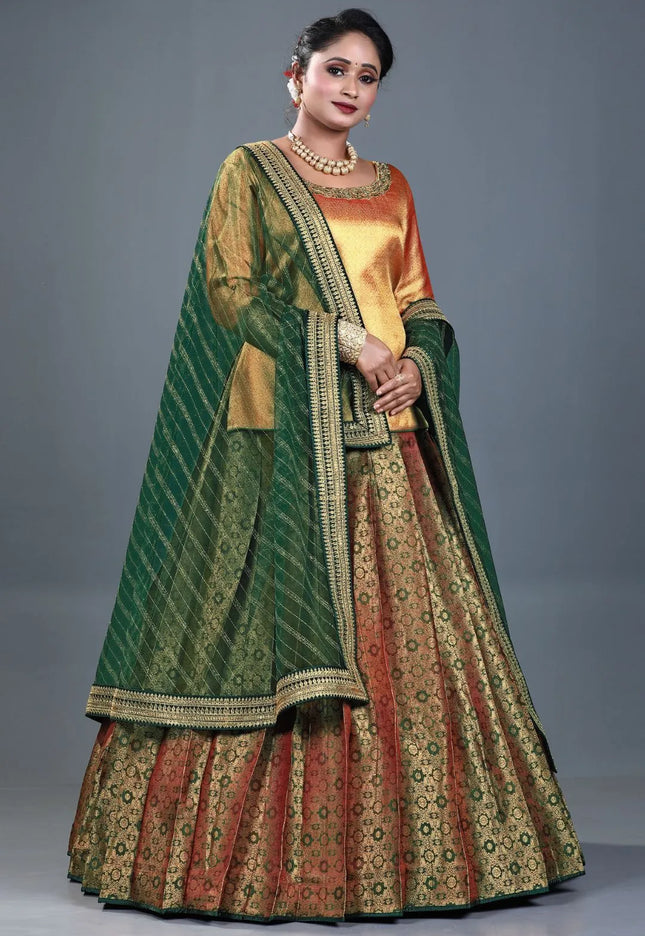 Green Banarasi Silk Lehenga Choli For Women With Net Dupatta