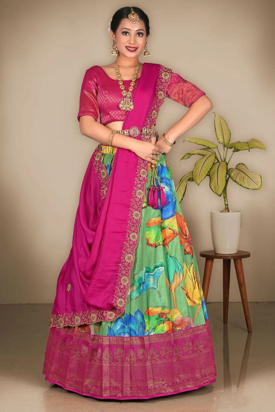 Green Banglori Slub Digital Print Lehenga Choli For Women