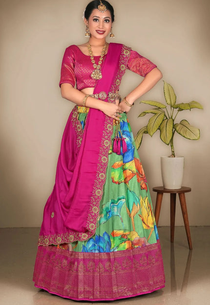 Green Banglori Slub Digital Print Lehenga Choli For Women