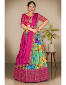 Green Banglori Slub Digital Print Lehenga Choli For Women