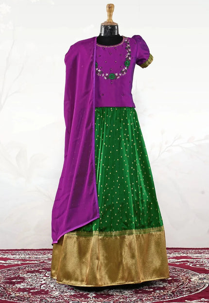 Green Classic Zari Border Lehenga Choli for Girls with Net Dupatta