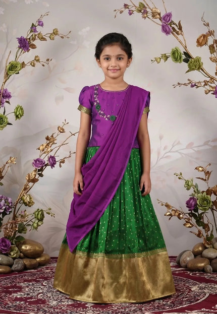 Green Classic Zari Border Lehenga Choli for Girls with Net Dupatta