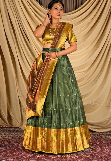 Green Designer Tissue Silk Lehenga Choli With Dupatta For Women