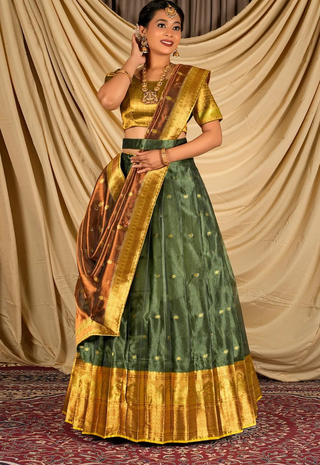 Green Designer Tissue Silk Lehenga Choli With Dupatta For Women