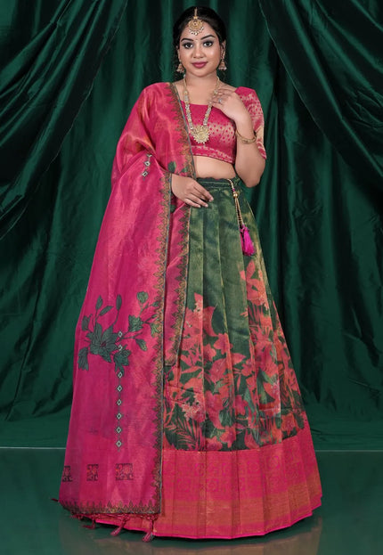 Green Digital Printed Zari Tissue Lehenga Choli With Dupatta