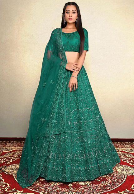 Green Embroidery Work Net Lehenga Choli For Women