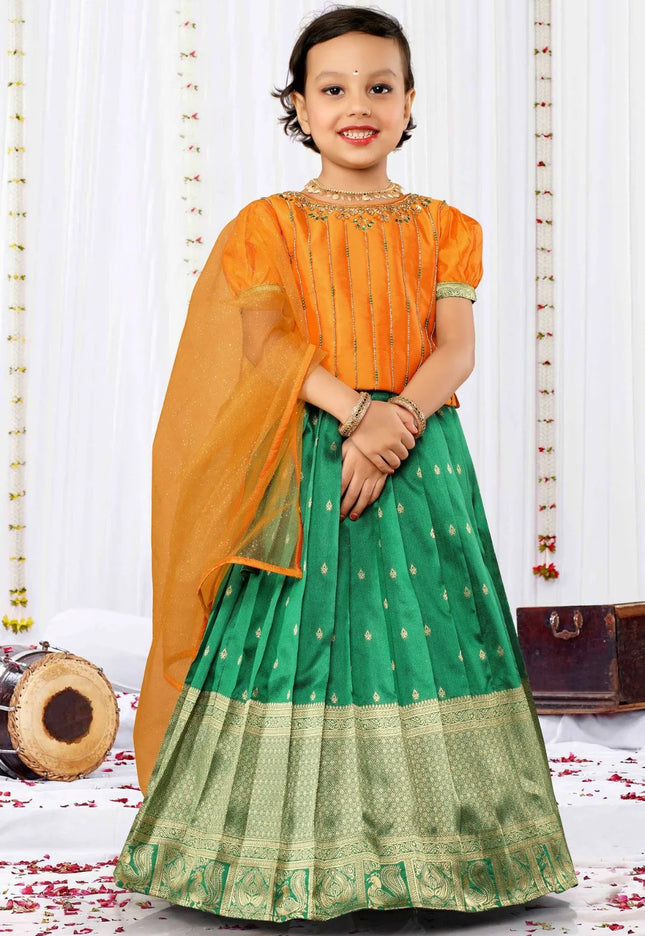 Green Festive Lehenga Choli Set with Gold Embroidered Blouse