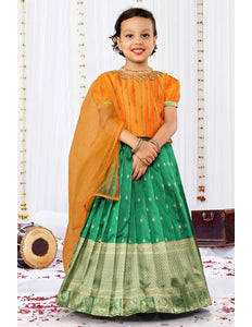 Green Festive Lehenga Choli Set with Gold Embroidered Blouse