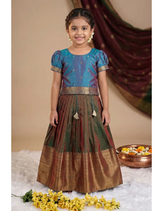 Green Girls Silk Pattu Pavadai Ethnic Lehenga Choli Set